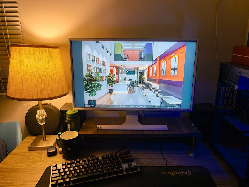 A cozy home office with a blurred keyboard and computer screen.