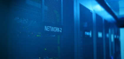 Glowing network paths connecting server racks and a routing hub