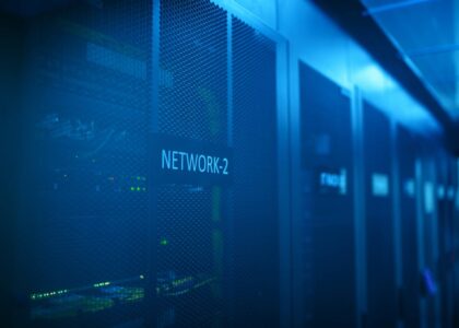 Glowing network paths connecting server racks and a routing hub