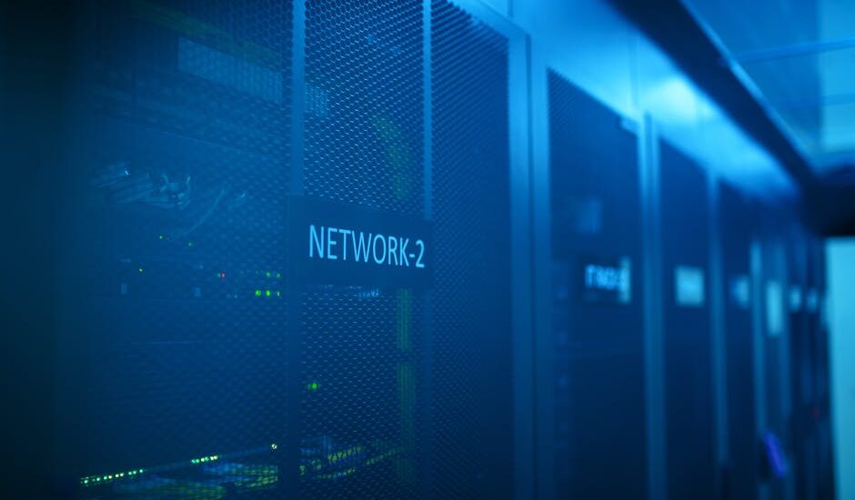 Glowing network paths connecting server racks and a routing hub