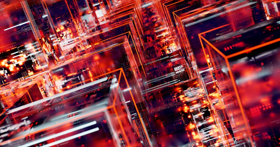 Futuristic digital landscape with interconnected blocks and chains.