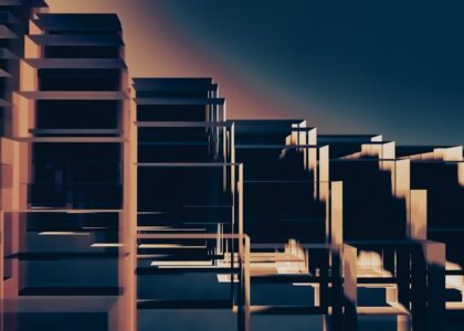 Futuristic cityscape with glowing digital elements and abstract shapes.