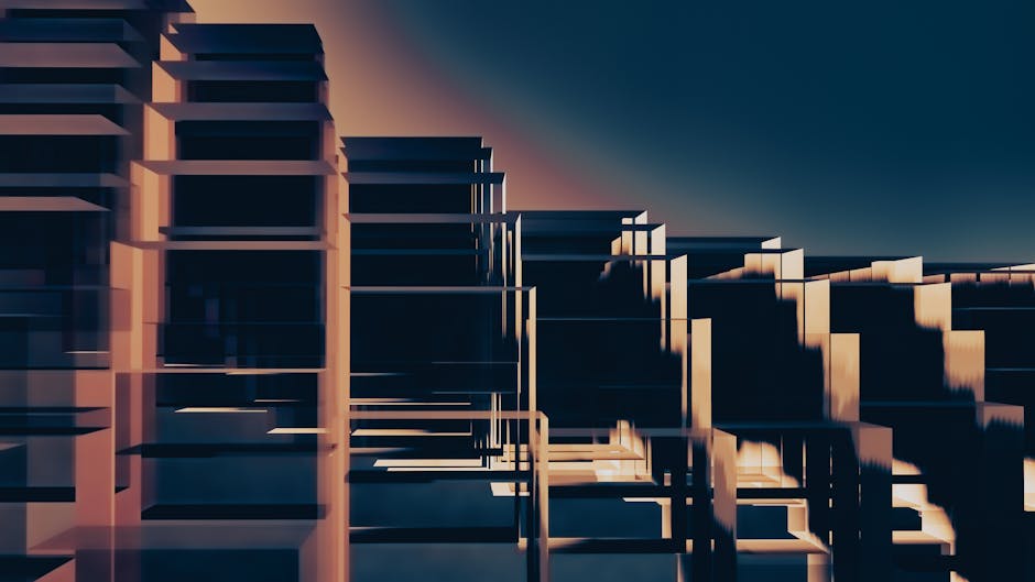 Futuristic cityscape with glowing digital elements and abstract shapes.