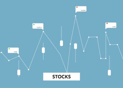Abstract digital stock market landscape with colorful graphs and data points.