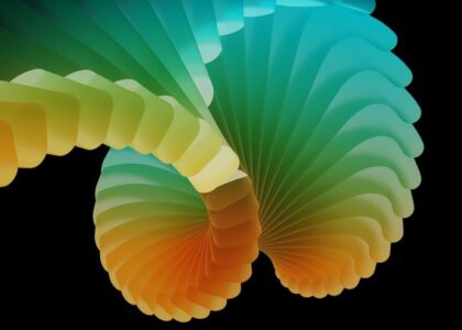 A colorful digital workspace with various creative tools and abstract shapes.