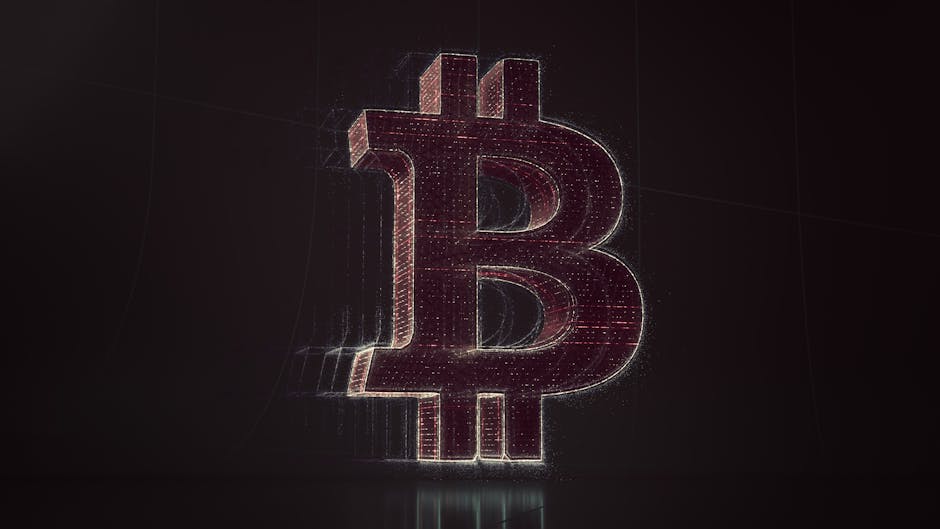 Abstract digital landscape with glowing cryptocurrency symbols and blockchain patterns.