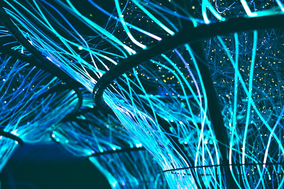 Futuristic cityscape with glowing lines and interconnected devices
