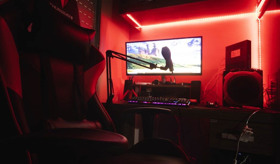 A colorful gaming setup with LED lights and a plush chair.