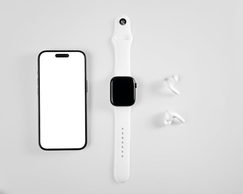 Smartphone with abstract chat bubbles, earbuds, and translucent shield shape