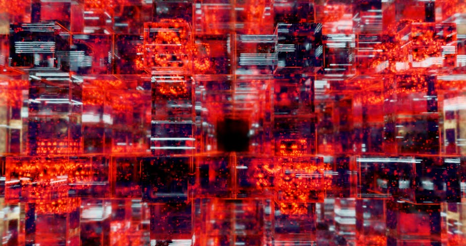 Interconnected blocks with glowing edges on a digital grid background.