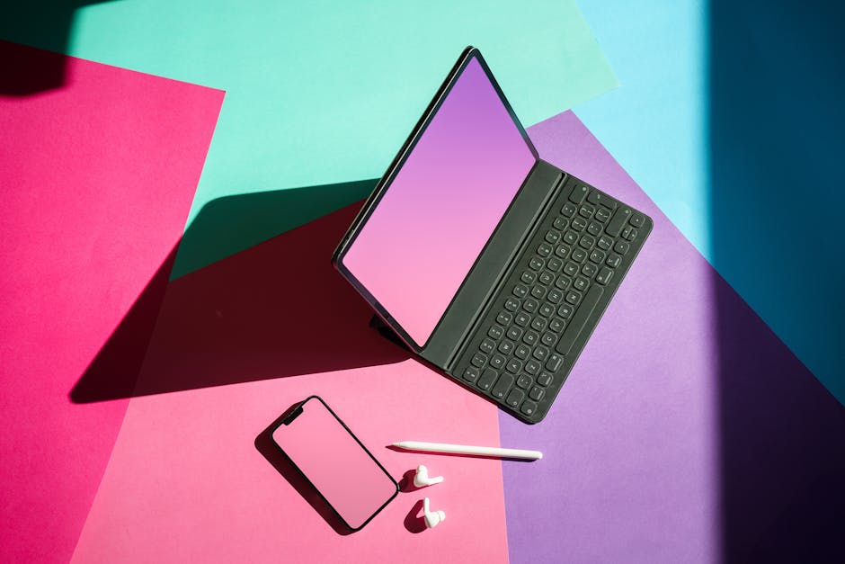 Modern workspace with modular app blocks and blank laptop screen
