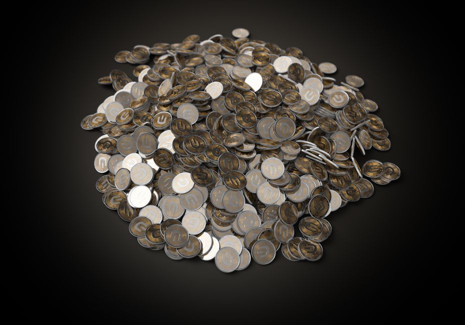 Stacked coins and glowing network nodes on a dark trading desk