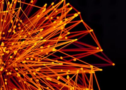 Abstract digital landscape with interconnected nodes and glowing lights.