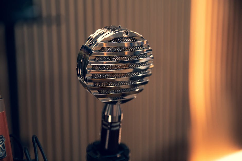 A vintage recording studio with classic microphone and retro sound equipment.