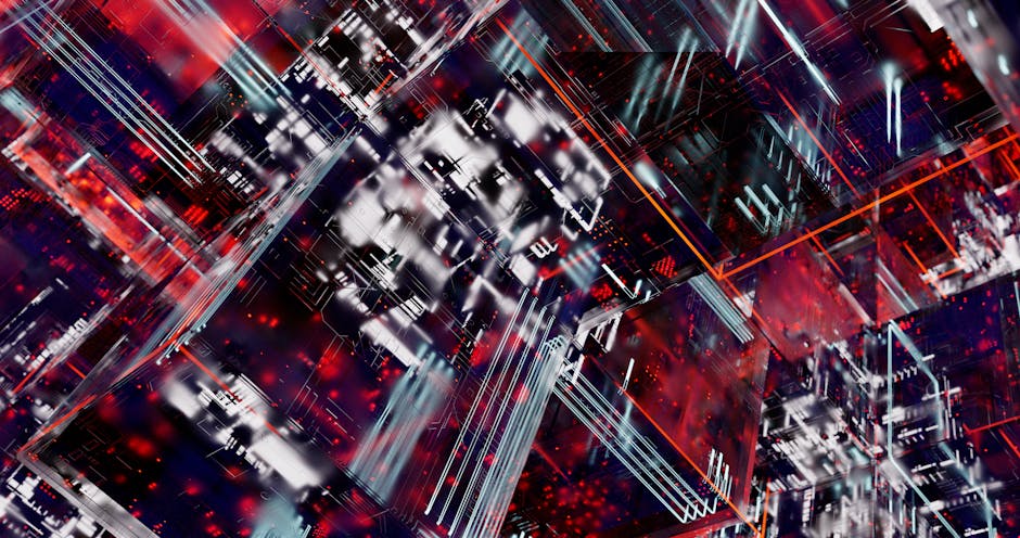 A digital landscape with glowing circuits and abstract shapes in blue and purple.