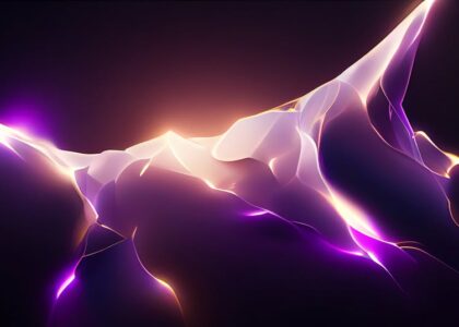 An abstract digital landscape with flowing shapes and vibrant colors.