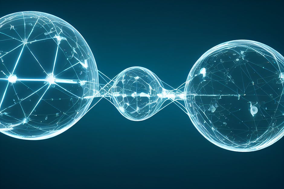 Interconnected digital chains symbolizing blockchain technology on a dark background.