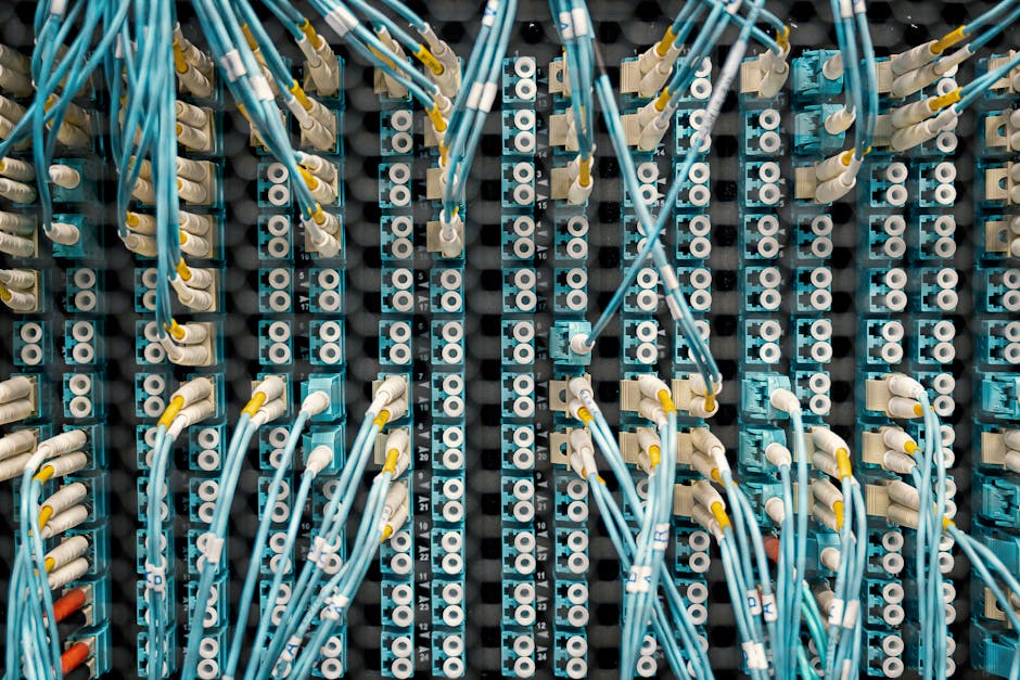Glowing cloud network nodes with a shortcut bridge and tangled cables
