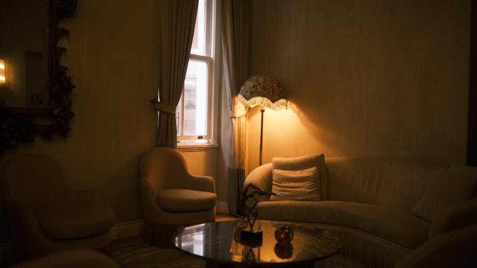 A modern office interior with elegant furniture and soft lighting.