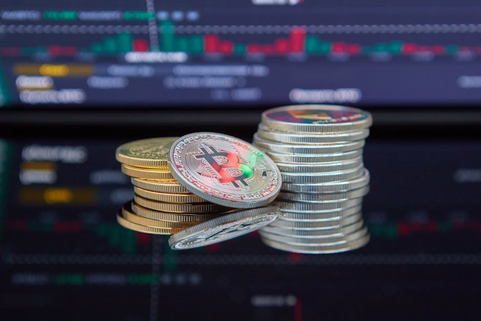 Red blockchain token beside vault shapes and blurred market lights