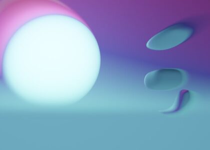 A digital landscape with a glowing shield and abstract cryptocurrency symbols.
