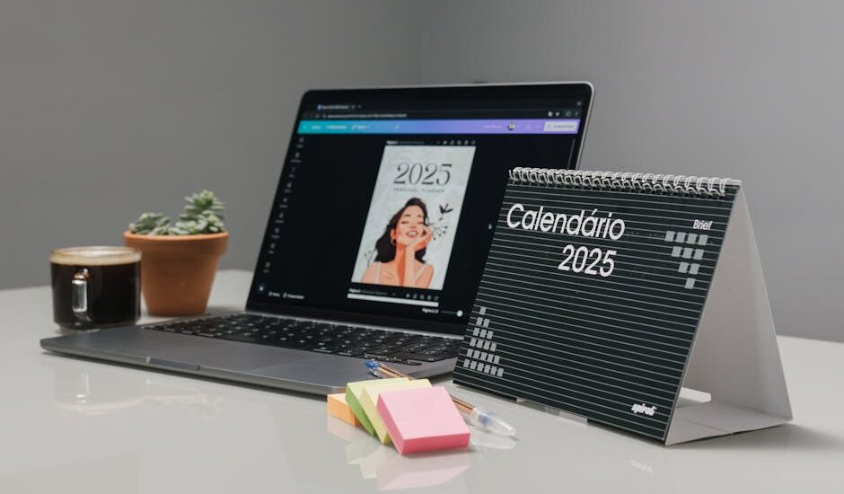 A modern workspace with a laptop, coffee cup, and potted plant.