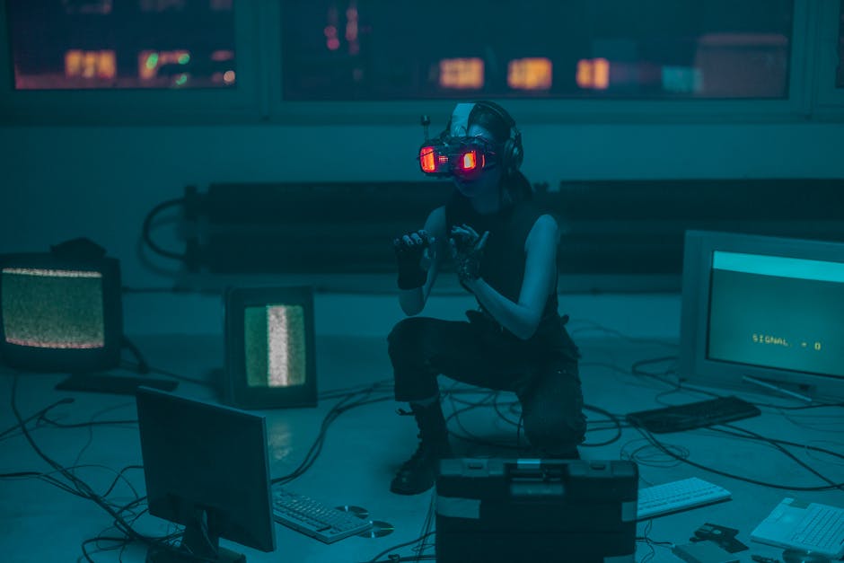 A modern gaming setup with glowing screens and abstract shapes representing technology.