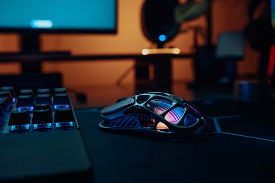 A modern workspace with glowing screens and creative tools.