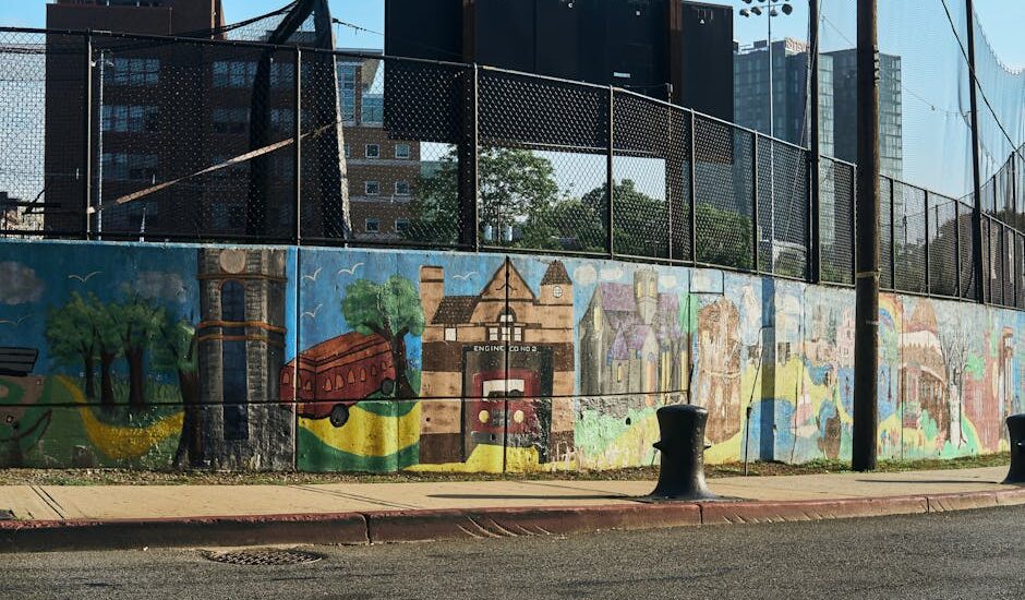 A lively urban street with colorful murals and greenery under bright sunlight.
