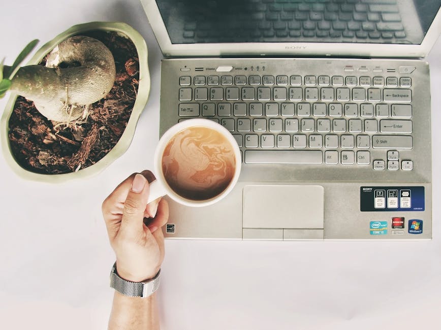 A modern desk setup with a laptop, coffee cup, and plant in soft light.