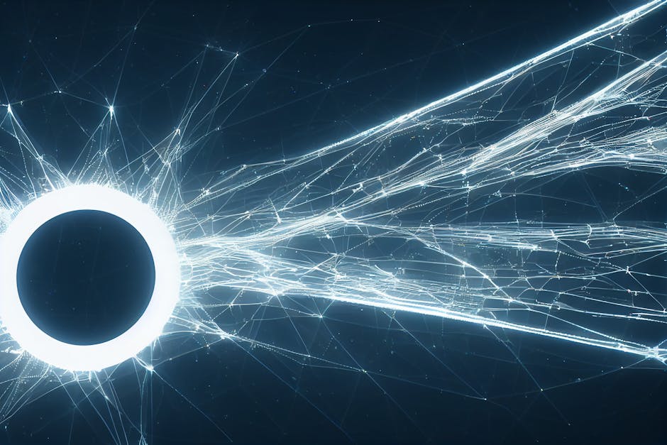 A digital network of interconnected nodes and glowing lines.