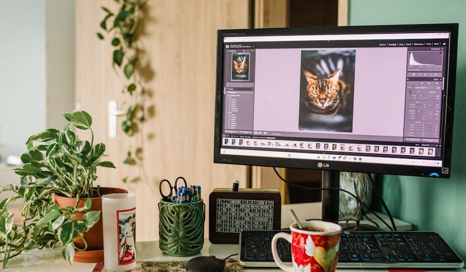 A modern workspace with a computer and soft ambient lighting.