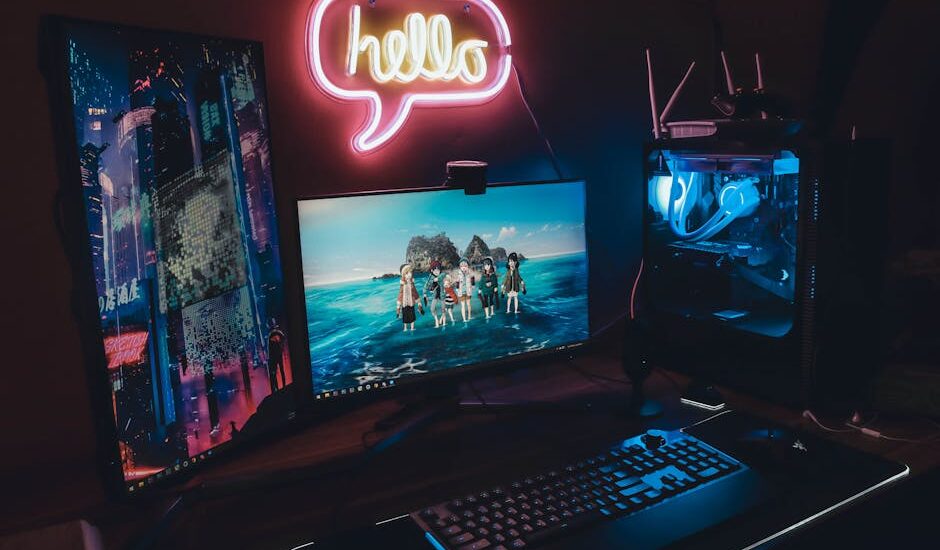 A glowing character-design workspace with avatars, chat icons, and neon panels.