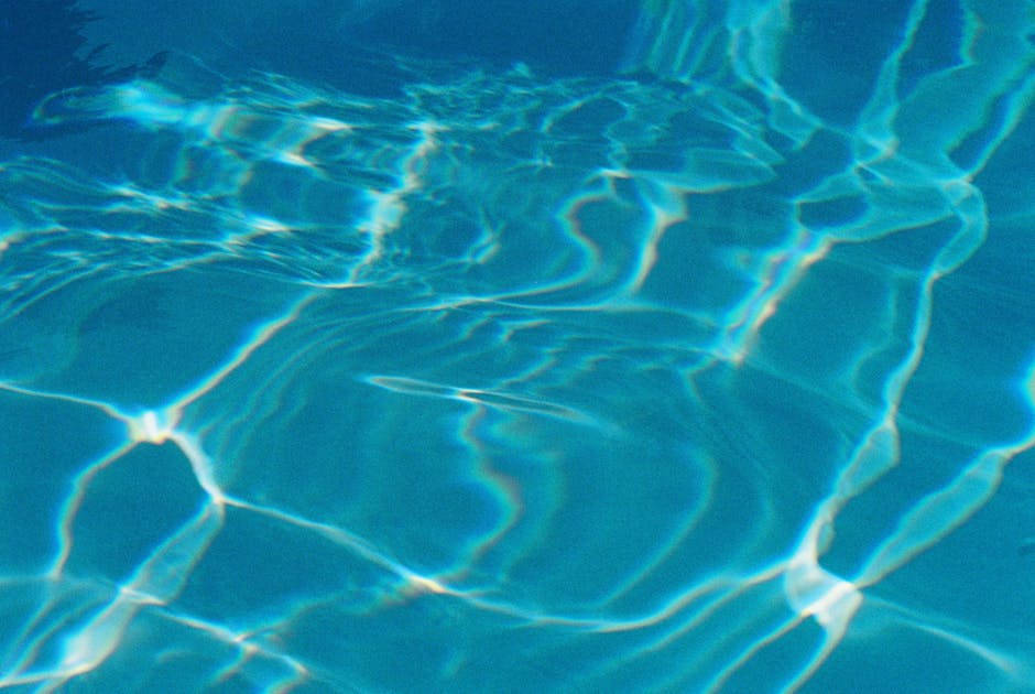 A peaceful swimming pool surrounded by greenery and soft sunlight.