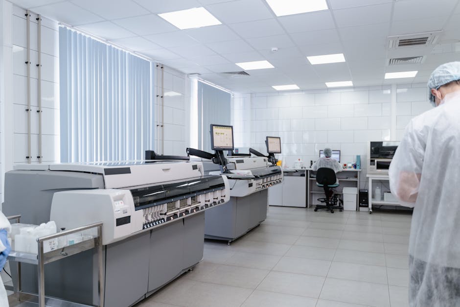 A modern medical office with abstract art and surgical equipment.