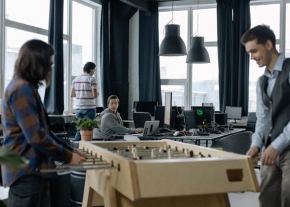 A bright modern office with diverse employees collaborating and using technology.