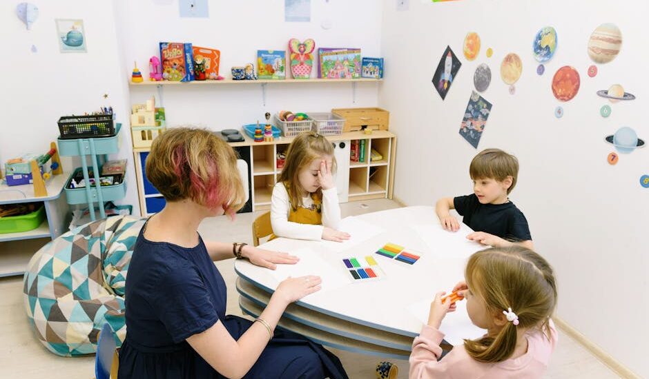 A colorful classroom setup with gaming elements and educational tools.