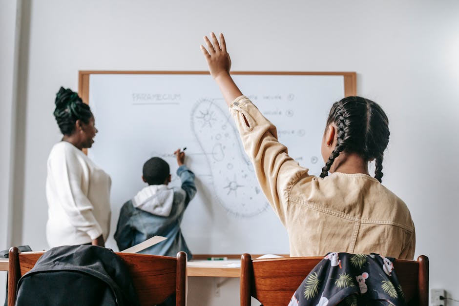 A lively classroom with students participating in a trivia game.