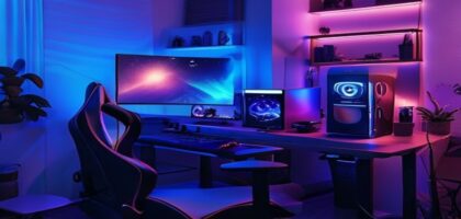 A modern gaming setup with RGB lighting and a gaming chair