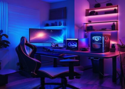 A modern gaming setup with RGB lighting and a gaming chair