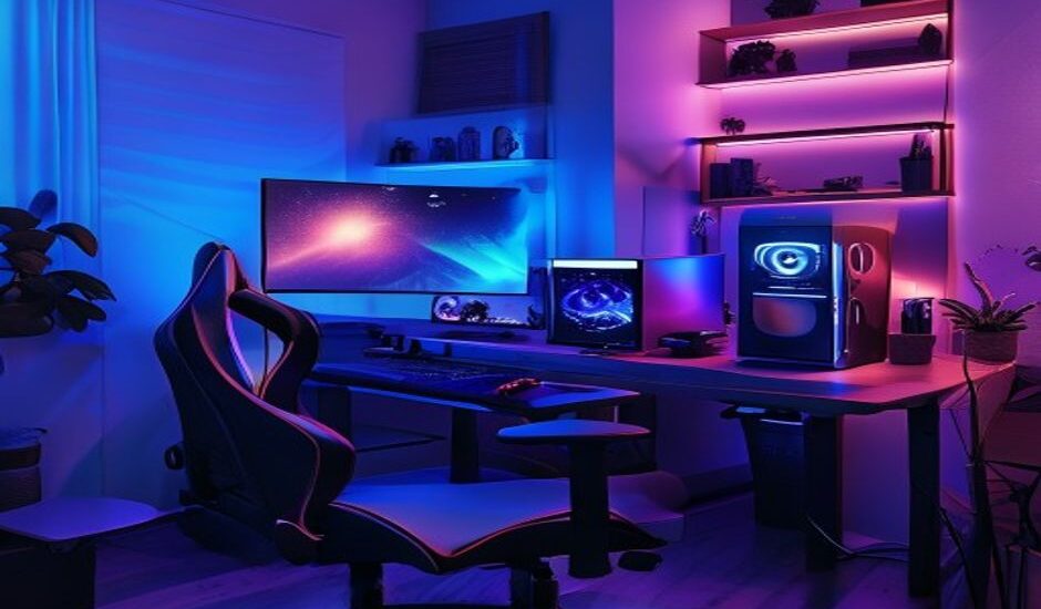 A modern gaming setup with RGB lighting and a gaming chair